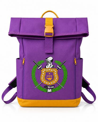 Omega Psi Phi Roll-Top Backpack | Purple & Gold 1911 Fraternity "See It Through" Bag