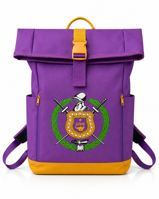 Omega Psi Phi Roll-Top Backpack | Purple & Gold 1911 Fraternity "See It Through" Bag
