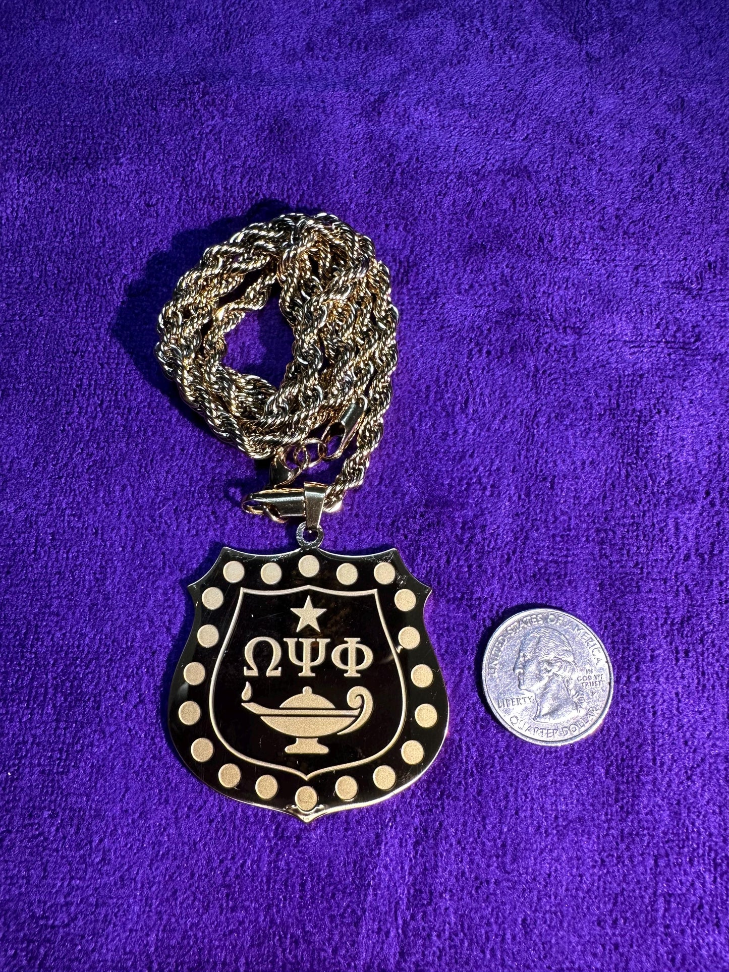 Omega Psi Phi Gold Inner Shield Necklace | Purple & Gold 1911 Fraternity Jewelry