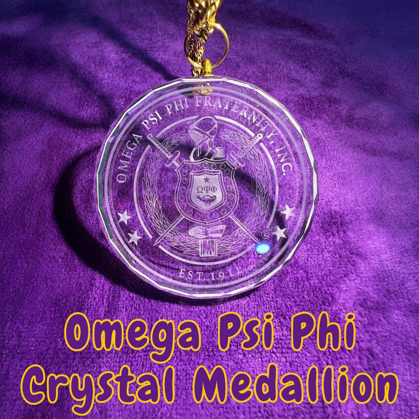Omega Psi Phi Crystal Escutcheon Necklace | Purple & Gold 1911 Fraternity Jewelry - Color or Clear