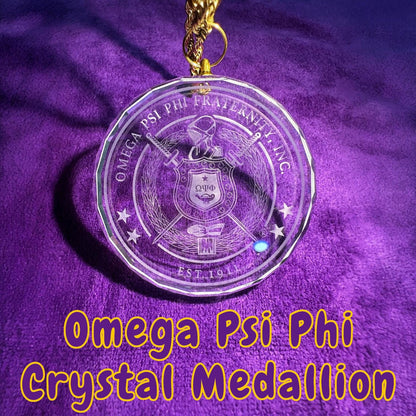 Omega Psi Phi Crystal Escutcheon Necklace | Purple & Gold 1911 Fraternity Jewelry - Color or Clear