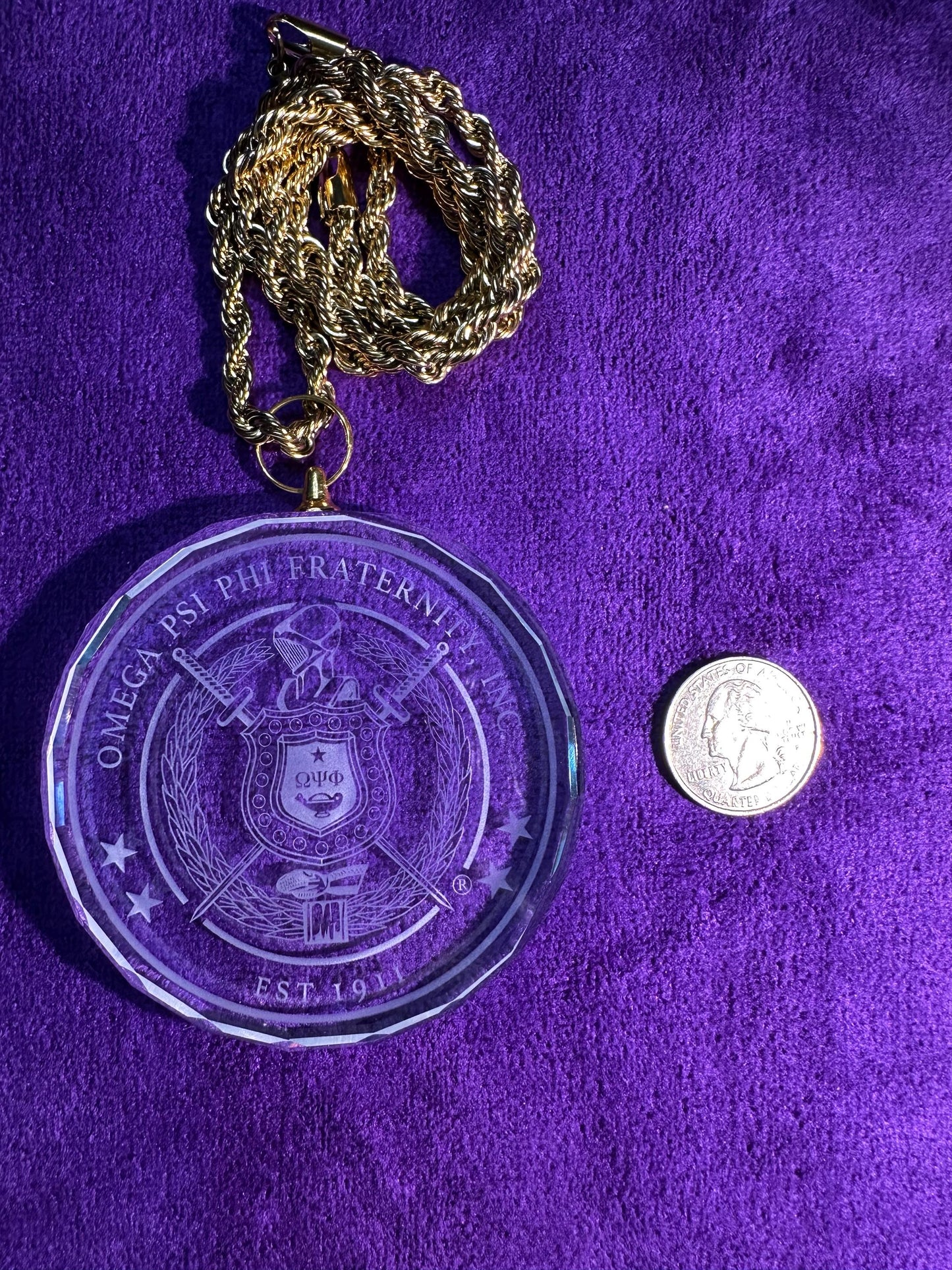 Omega Psi Phi Crystal Escutcheon Necklace | Purple & Gold 1911 Fraternity Jewelry - Color or Clear