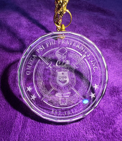 Omega Psi Phi Crystal Escutcheon Necklace | Purple & Gold 1911 Fraternity Jewelry - Color or Clear