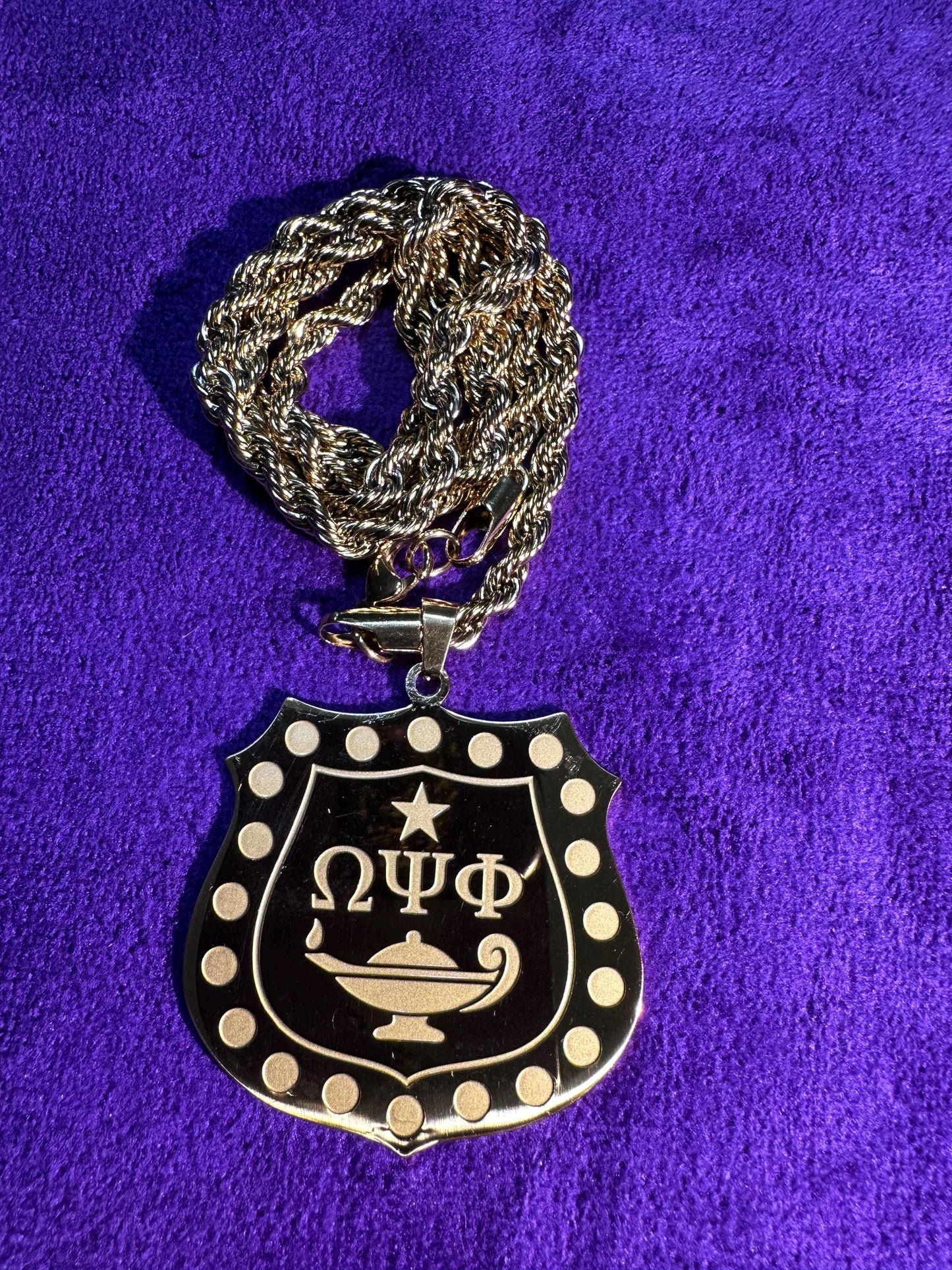Omega Psi Phi Gold Inner Shield Necklace | Purple & Gold 1911 Fraternity Jewelry