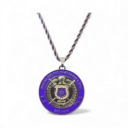 Omega Psi Phi Big Boy Shield Necklace | Purple & Gold 1911 Fraternity Jewelry