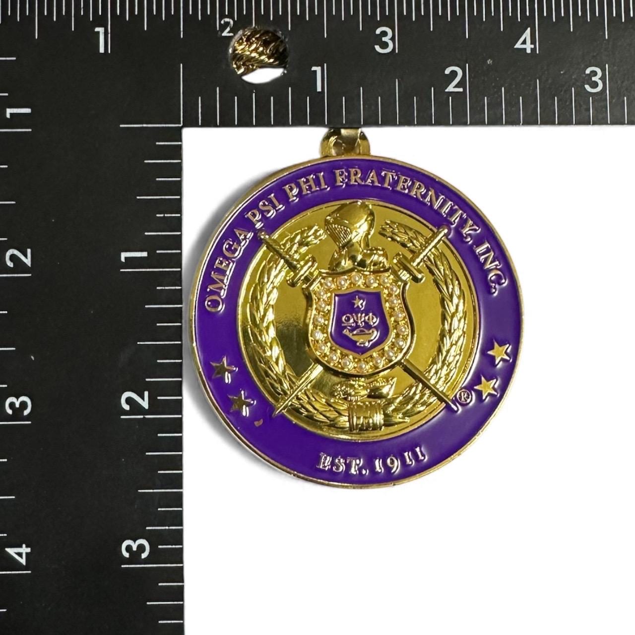 Omega Psi Phi Big Boy Shield Necklace | Purple & Gold 1911 Fraternity Jewelry