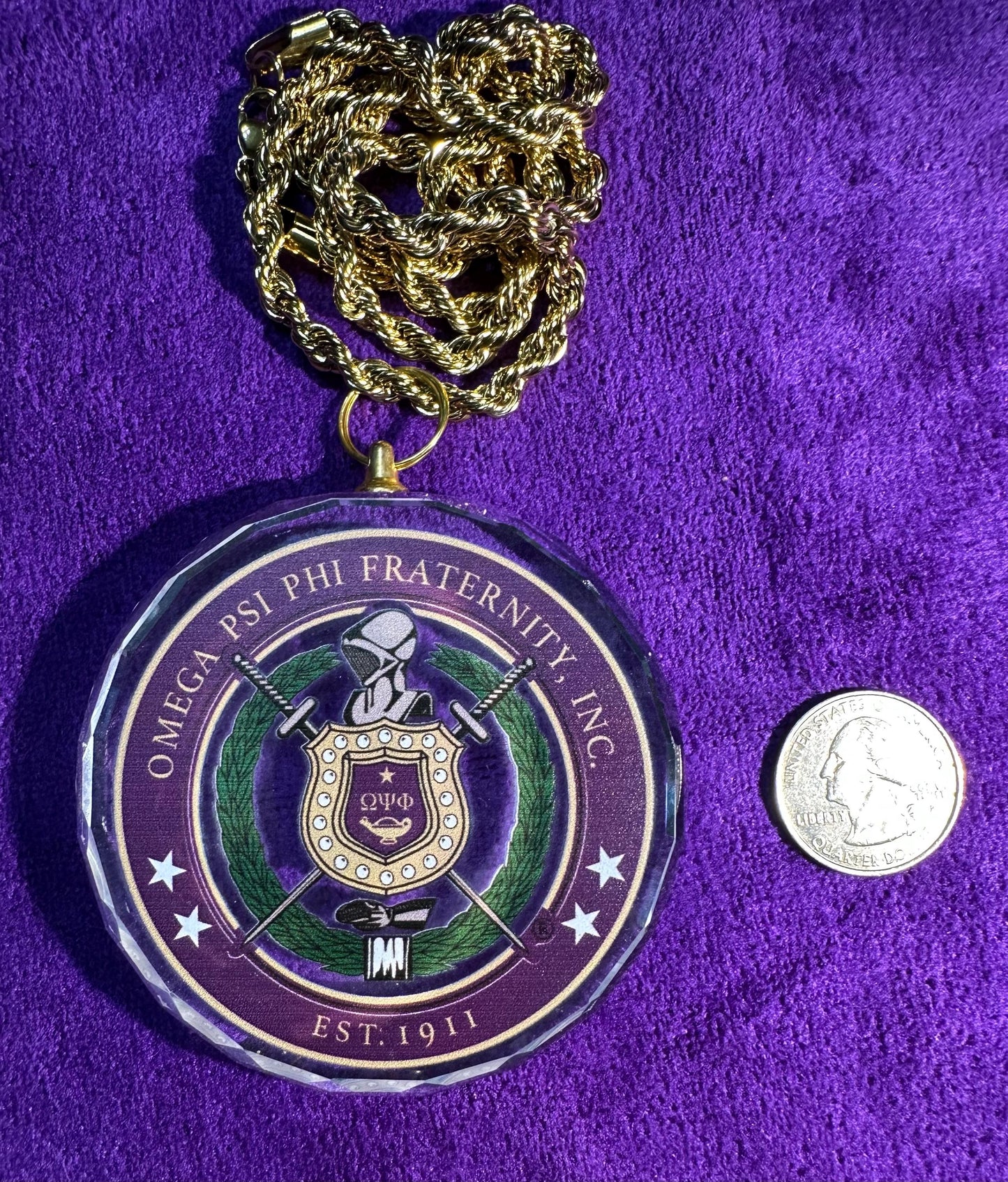 Omega Psi Phi Crystal Escutcheon Necklace | Purple & Gold 1911 Fraternity Jewelry - Color or Clear