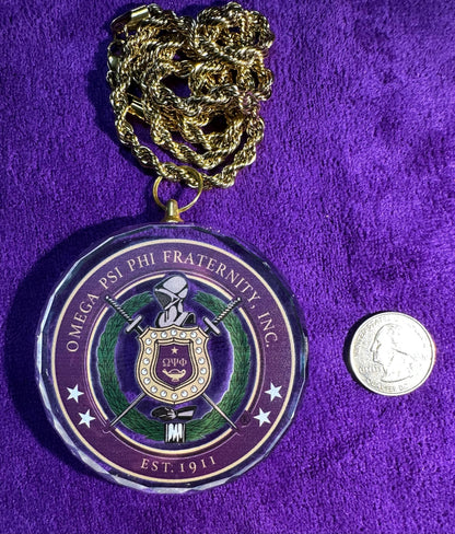 Omega Psi Phi Crystal Escutcheon Necklace | Purple & Gold 1911 Fraternity Jewelry - Color or Clear