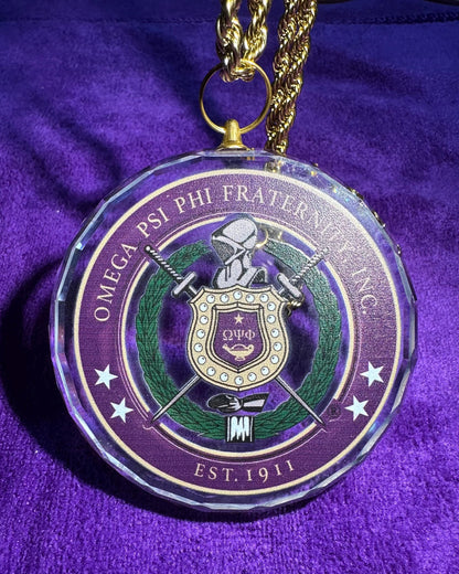 Omega Psi Phi Crystal Escutcheon Necklace | Purple & Gold 1911 Fraternity Jewelry - Color or Clear