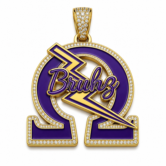 Omega Psi Phi Ω Pendant Necklace – Purple & Gold Iced-Out Greek Letter Chain | 1911 Fraternity Jewelry