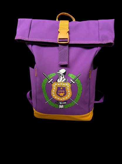 Omega Psi Phi Roll-Top Backpack | Purple & Gold 1911 Fraternity "See It Through" Bag