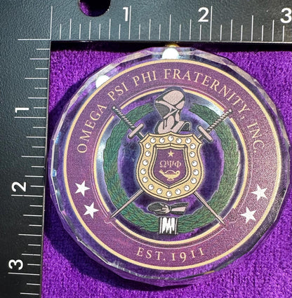 Omega Psi Phi Crystal Escutcheon Necklace | Purple & Gold 1911 Fraternity Jewelry - Color or Clear