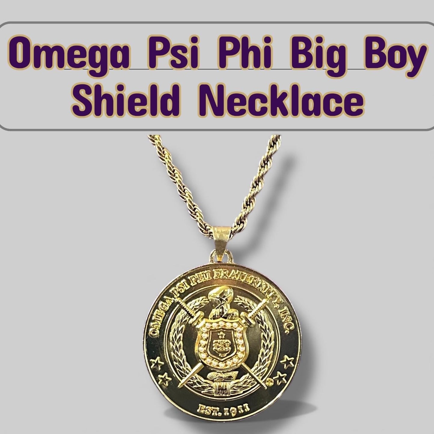 Omega Psi Phi Big Boy Shield Necklace | Purple & Gold 1911 Fraternity Jewelry